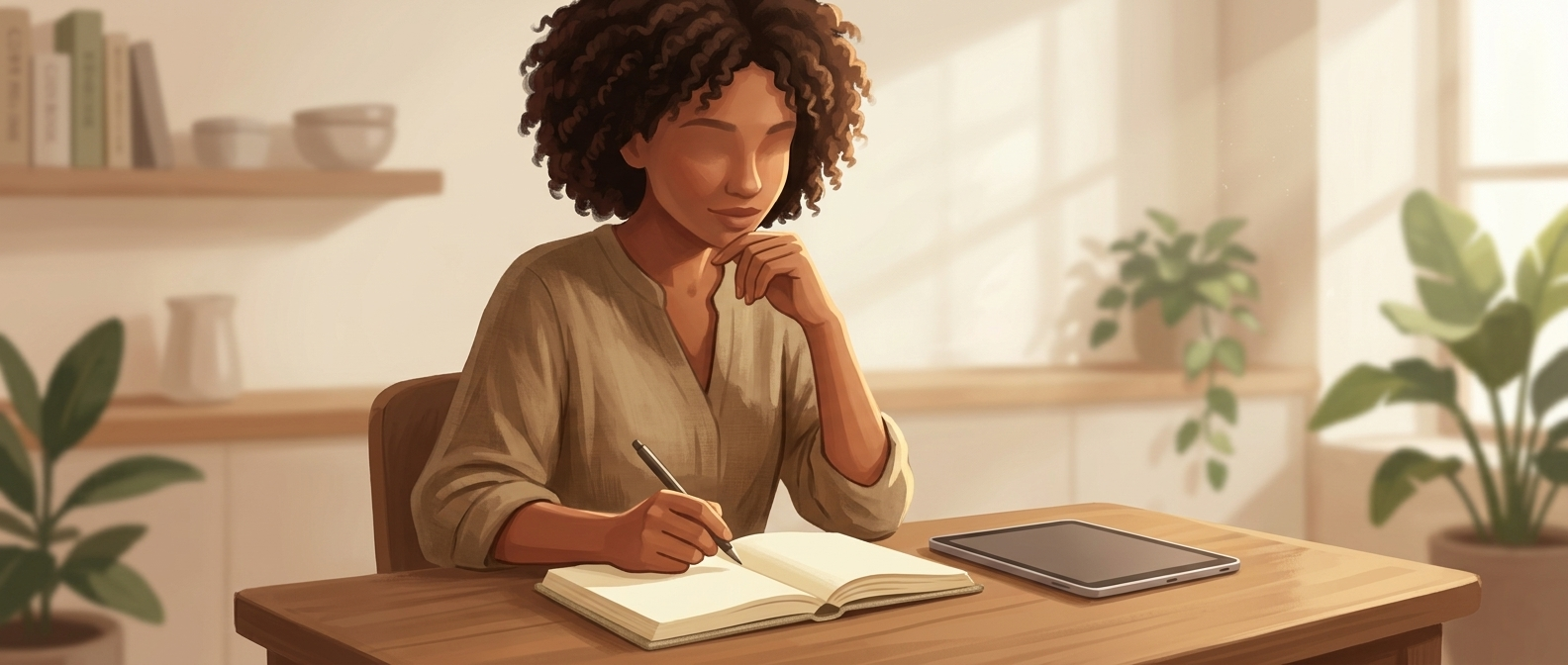 Uma mulher a escrever a sua opinião num caderno