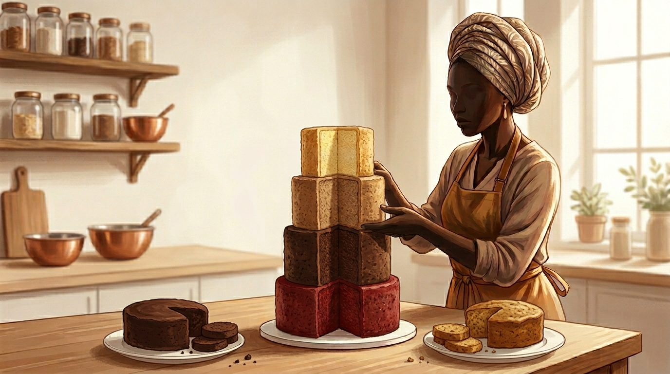 A nossa pasteleira a montar um bolo de quatro andares, com uma massa diferente em cada andar