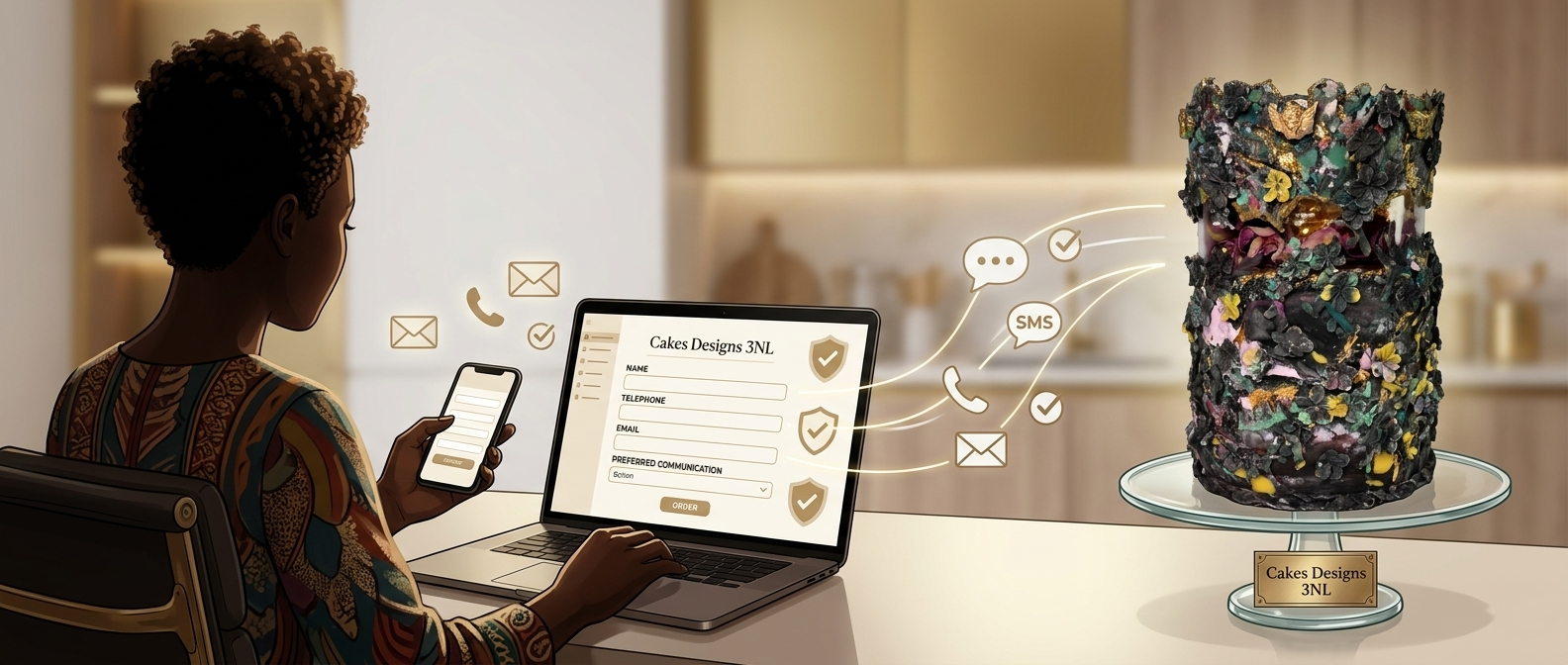 Uma cliente a preencher um formulário de contacto no portátil e no telemóvel